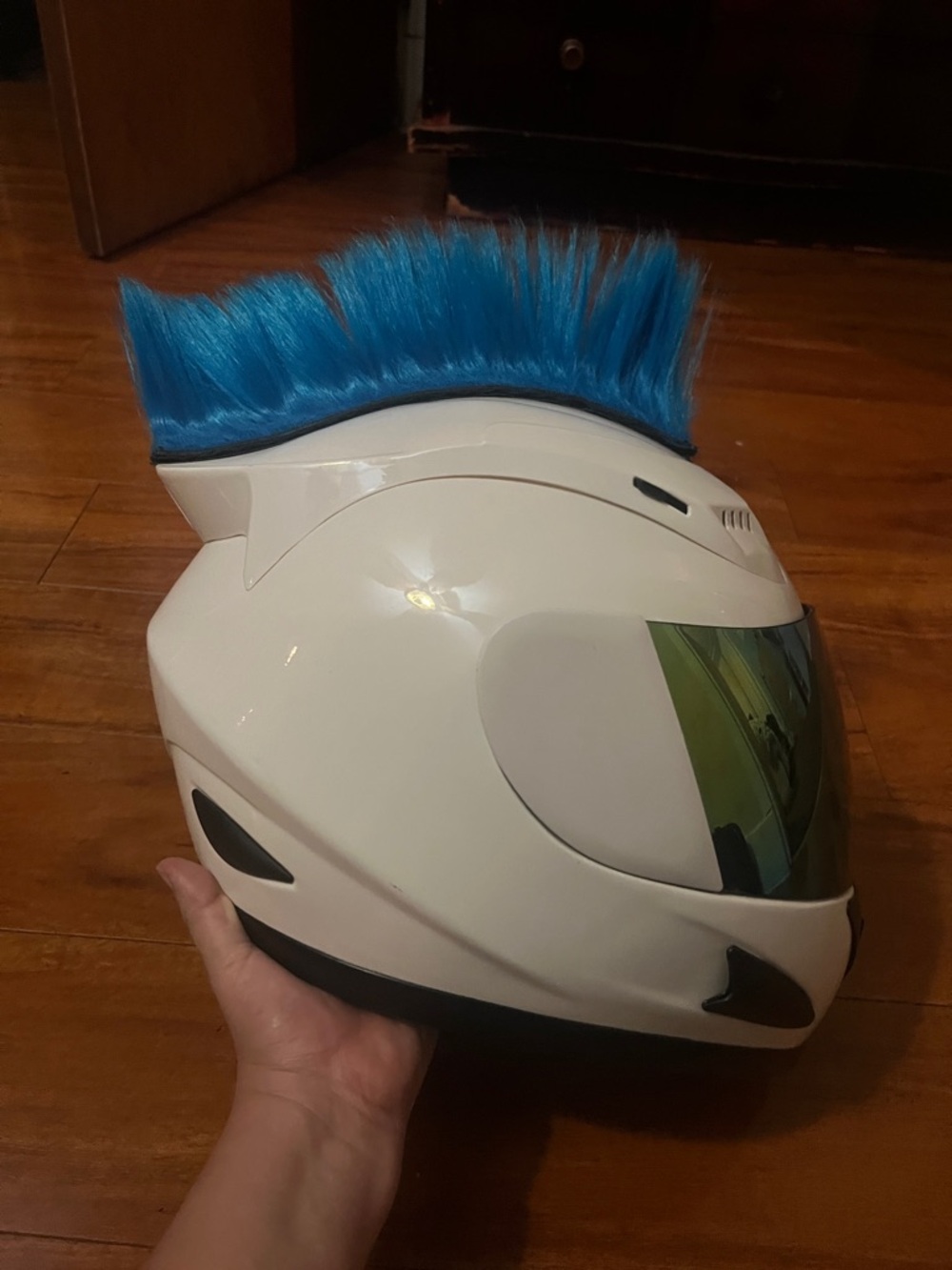 White Motorcycle Helmet w/ Blue Mohawk | 1Storm DOT | Costume / Cosplay - Picture 5 of 8